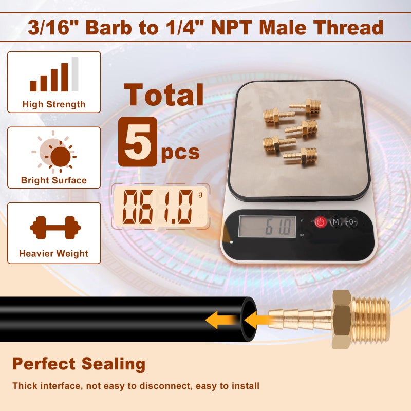 Boeray 5pcs Brass Hose Barb Fittings 3/16 Inch Barb to 1/4 Inch NPT Male Thread Air Hose Fittings Adapter Connector Water Fuel Air Line Fittings 3/16â€ Ã— 1/4â€ NPT Brass Fittings - Image 5